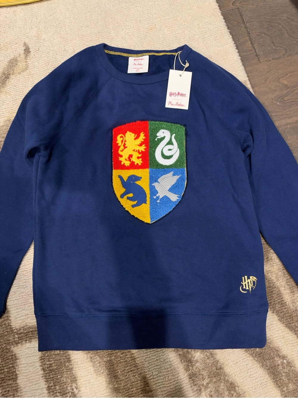 Mini Boden Navy Crewneck Sweatshirt with Colorful Crest Patch